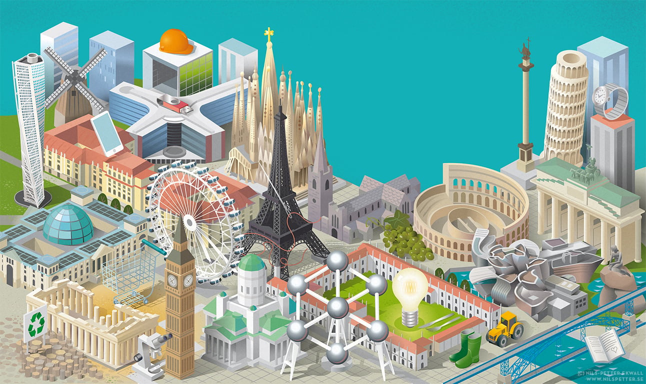 Nils-Petter Ekwall Nils-Petter was commissioned by Wardour to illustrate London Stock Exchange Group’s 1000 Companies to Inspire Europe 2017. 1000 Companies to Inspire Europe is an annual report which identifies Europe’s most dynamic and fast-growing small and medium-sized businesses. The illustration – a cityscape made up of European landmarks was used for the cover and on the inlays of the report and contains landmarks like Turning Torso, Little Mermaid, Brandenburg Gate, German Reichstag, Big Ben, London Eye, Eiffel Tower, Grande Arche, Colosseum, The Leaning Tower of Pisa, King Sigismund’s Column, Atomium, Schönbrunn Palace, Helsinki Senate Square, Gigants Causeway, St Patricks Cathedral, Acropolis, Dom Louis I Bridge, Jerónimos Monastery and Berlaymont EU office.