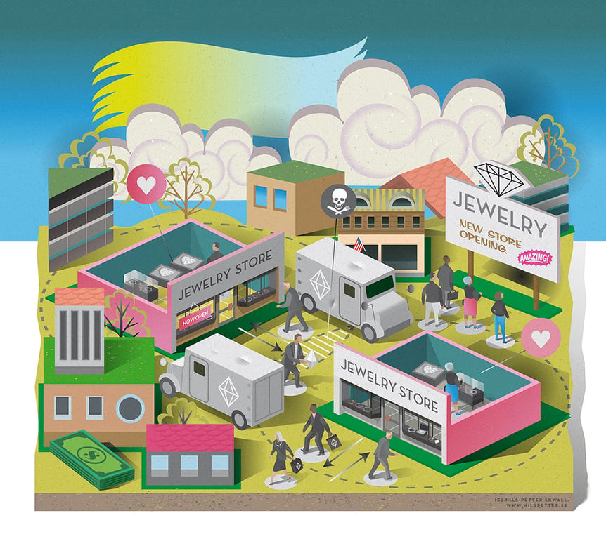 Nils-Petter Ekwall Mom-and-Pop Jewelers adding locations – illustration for New York based JCK Magazine