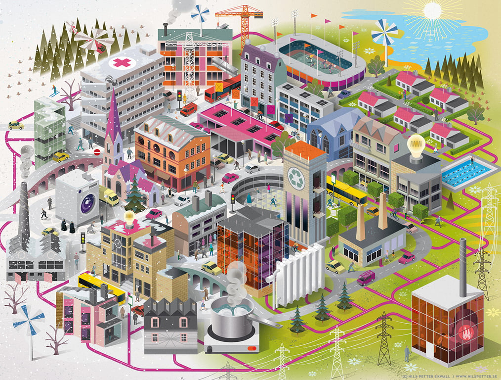 Nils-Petter Ekwall Swedish District Heating Association. Illustration for the Swedish District Heating Association’s project to explain and highlight the benefits of a sustainable, low-carbon and ecological sound heating industry – included a detailed cityscape showing the city-wide district heating network