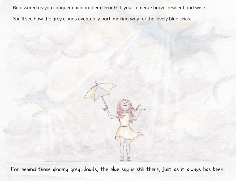 Rebecca Sabene (Sebecca Ltd) Rainclouds – An illustration from the book ‘ Reach for the Stars’ Dear Girl’