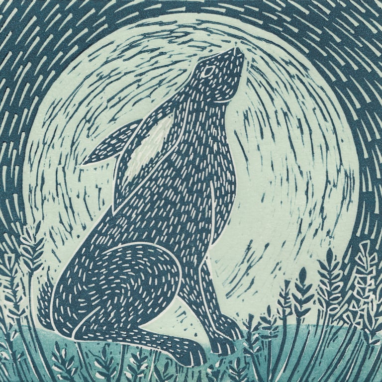 Michelle Hughes Design Moon gazing hare linocut print