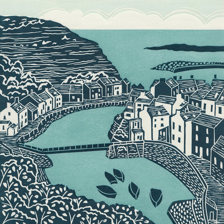 Michelle Hughes Design Staithes, Yorkshire Cost linocut print