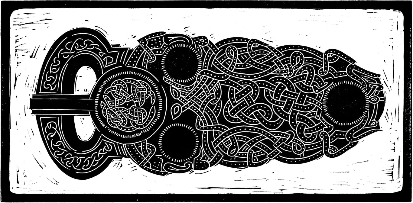 Michelle Hughes Design National Trust’s Sutton Hoo gold belt buckle linocut