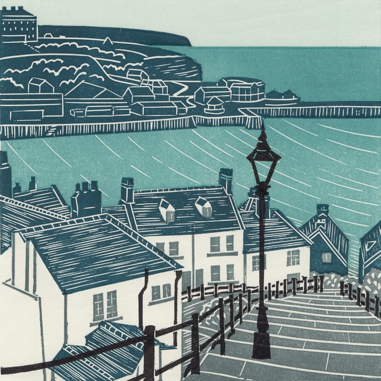 Michelle Hughes Design Whitby Steps linocut print
