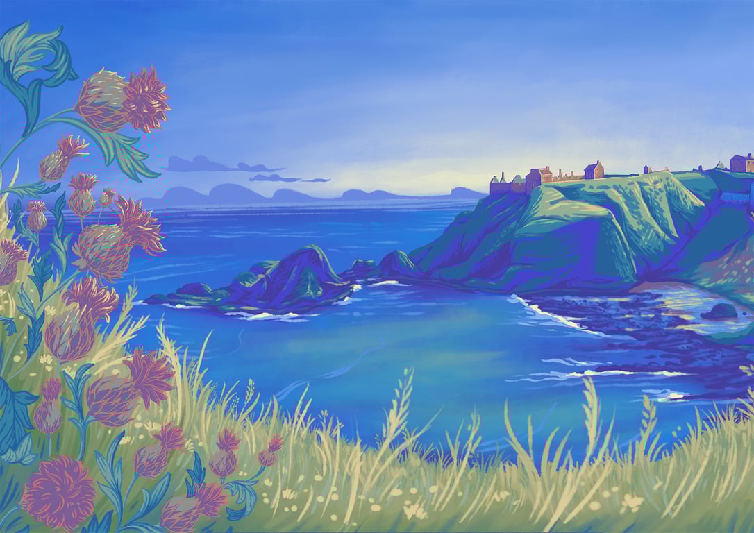 Alejandra Penaloza Dunnotar Castle Scotland Landmark, Travel Illustration
