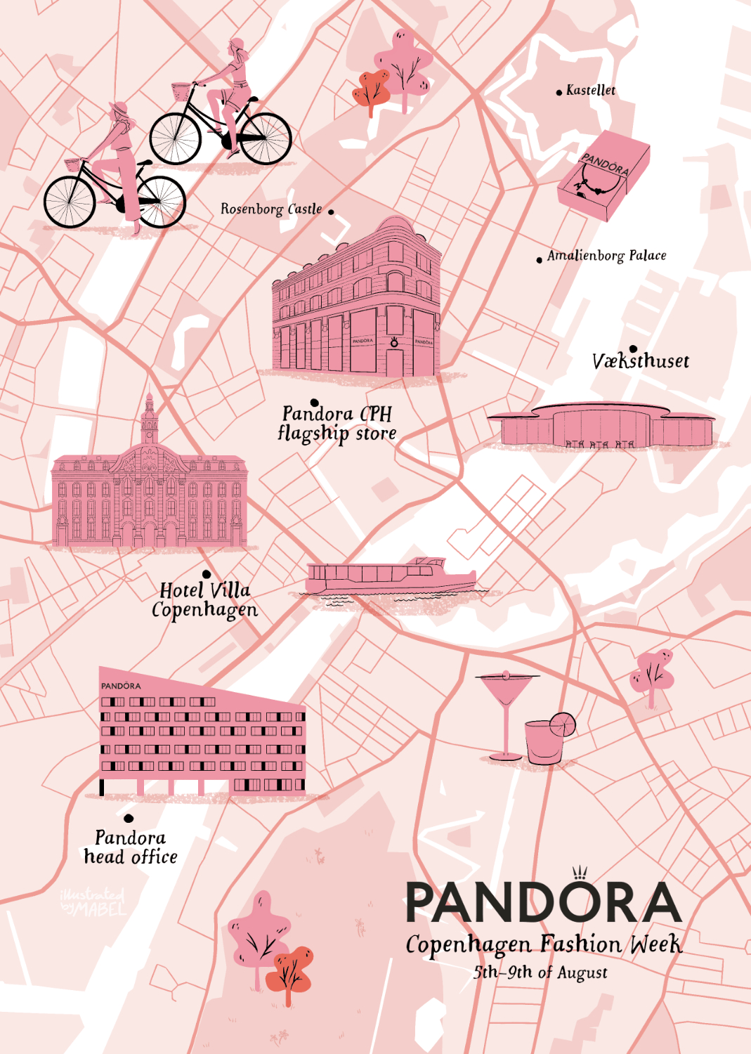 Mabel Sorrentino Illustrated Map of Copenhagen for Pandora Fashion Week 2024 by freelance illustrator Mabel Sorrentino_Illustrated By Mabel