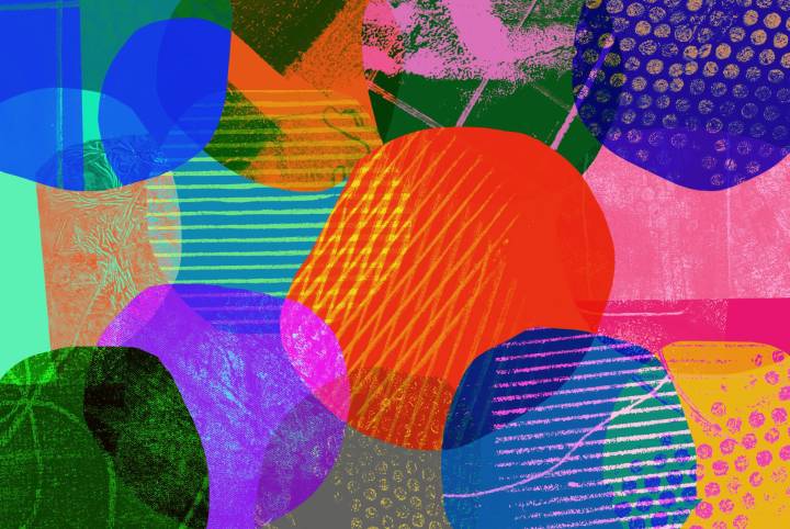 Multi layered and colour shapes, overlapping one another