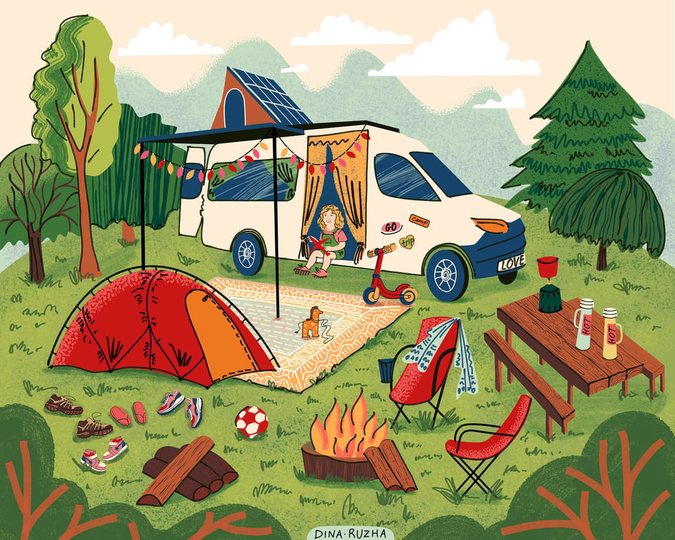 Dina Rizha eco-friendly-camping-scene-illustration-solar-powered-van-tent-outdoor-leisure-by-Dina-Ruzha