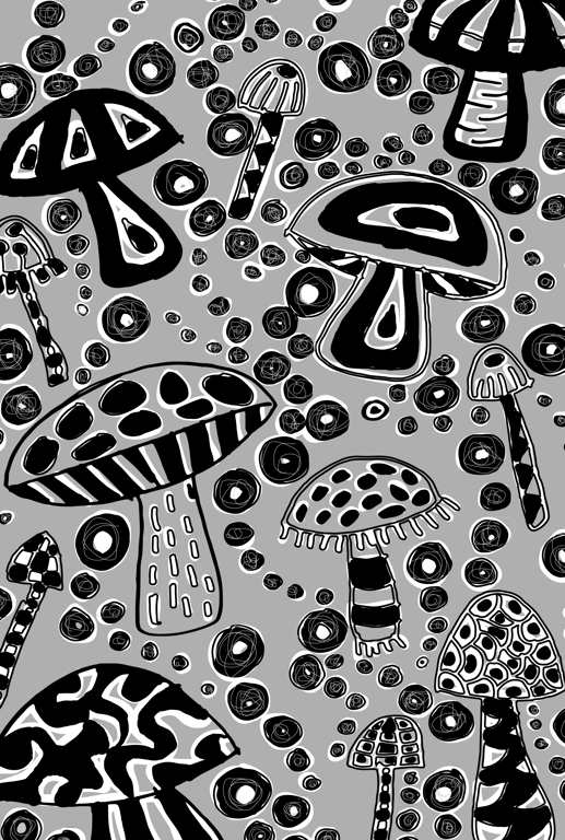 Jo Phillips Illustrator & Designer Mushrooms_Surface_Pattern_Greyscale_Hand_Drawn_Digital_Vector_Illustration