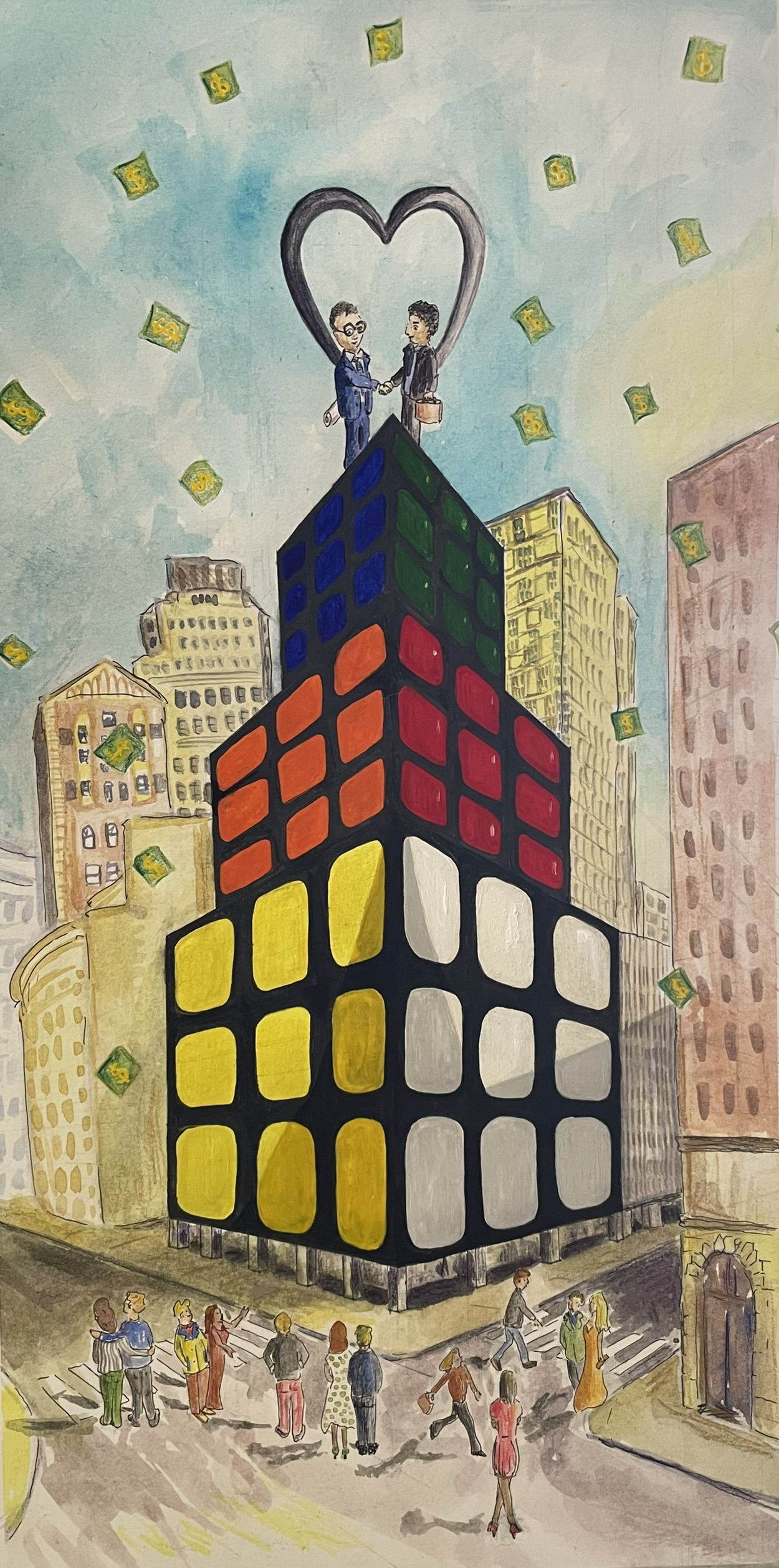 Frances Marcellin From Rubik’s To Riches is a mock-up for an article in The New Yorker entitled: Can Turning Office Towers into Apartments Save Downtowns? With office buildings only 50% full, property developer Nathan Berman has already transformed eight buildings in FiDi, Manhattan’s financial district in New York. In partnership with architect John Cetra Berman is converting 55 Broad comparing “the effort to extract as much residential space as possible out of such buildings to solving a Rubik’s Cube”. It’s at this moment an illustration started to form in my mind, compounded by the reference to 55 Broad as a “three-tiered wedding cake”. Ref: https://www.newyorker.com/magazine/2024/05/06/can-turning-office-towers-into-apartments-save-downtowns