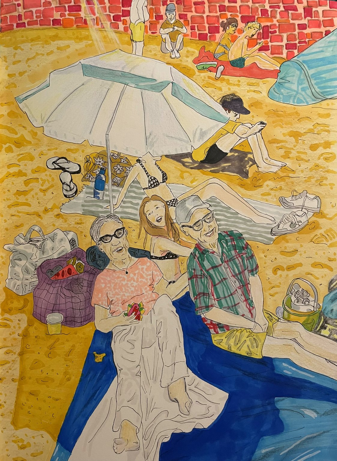 Frances Marcellin Multigenerational Holiday is an illustration for a story covering the growing trend of multigenerational travel. It depicts and evokes the joy families can feel when displaced from daily life in a holiday setting.