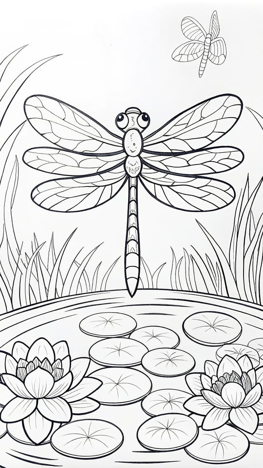 A dragonfly hovering over a pond