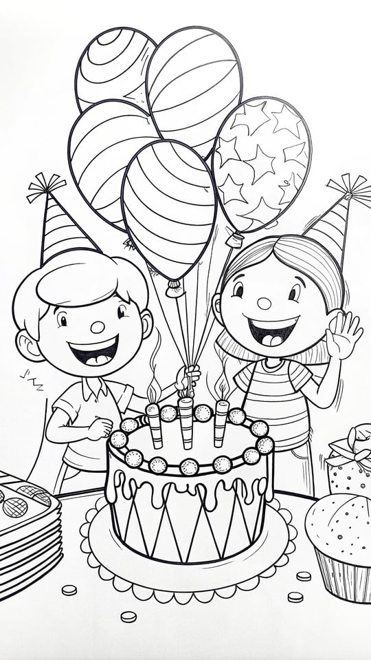 A birthday party with balloons and a cake