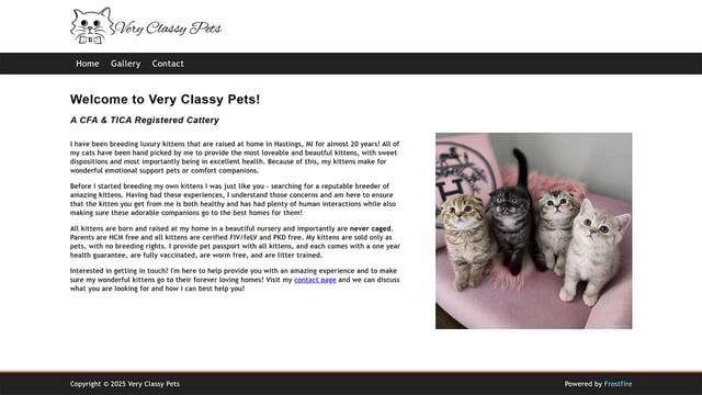 Screenshot of the homepage for Very Classy Pets