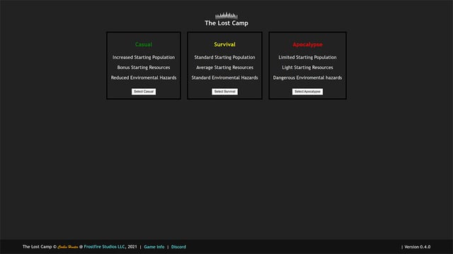 Screenshot of the homepage for The Lost Camp