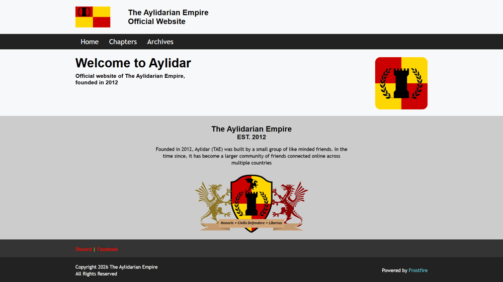 Website homepage for Aylidarian Empire