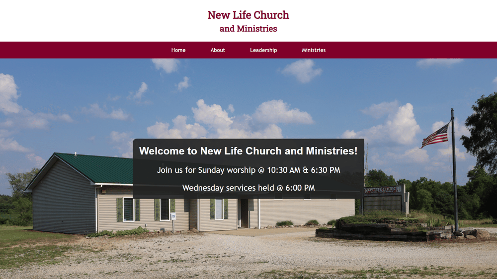 Website homepage for New Life Church and Ministries