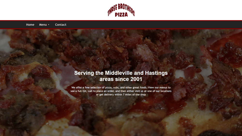Website homepage for Three Brothers Pizza