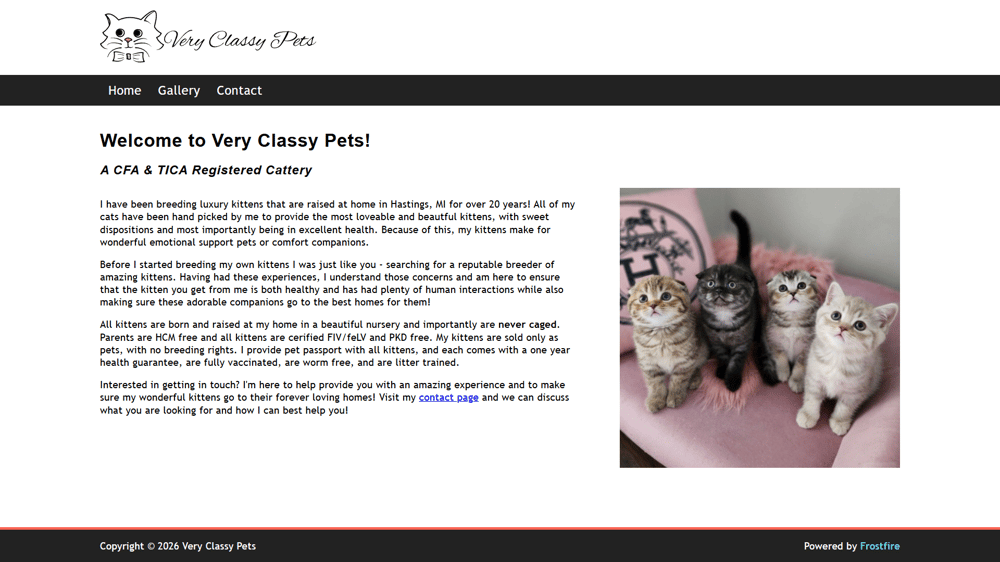 Website homepage for Very Classy Pets