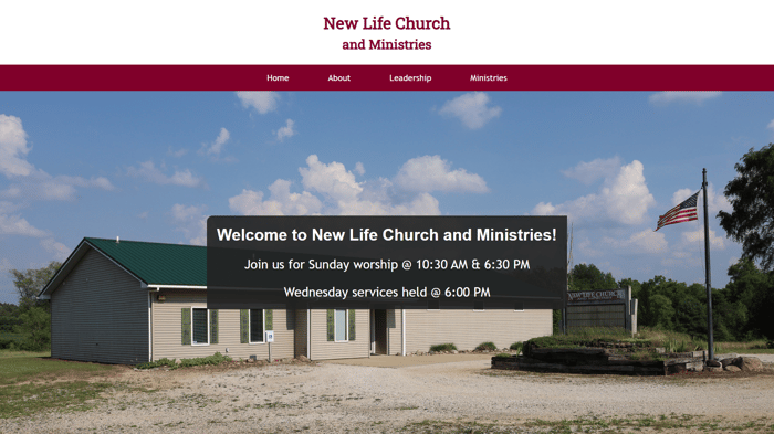 Screenshot of the homepage for New Life Church and Ministries