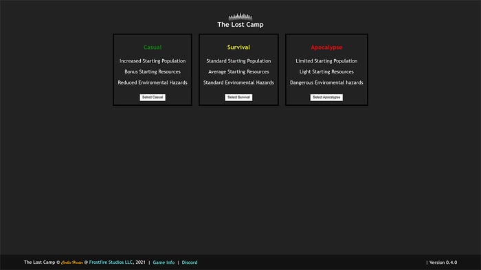 Screenshot of the homepage for The Lost Camp
