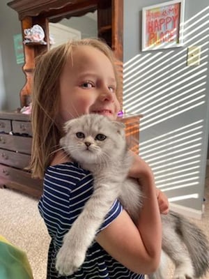 A small cat in the arms of a child in their room
