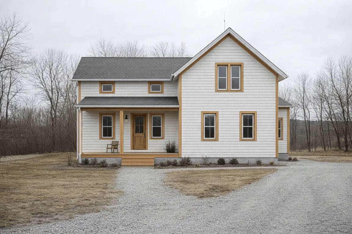Hausly AI exterior concept with pale stone walls, timber accents and a covered entrance.