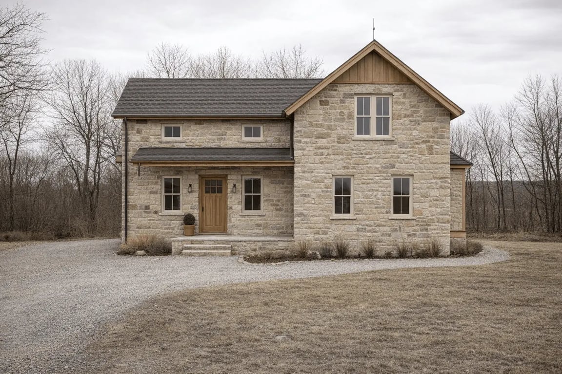 Hausly AI exterior concept with warm light stucco, timber-toned window frames and an added covered porch.