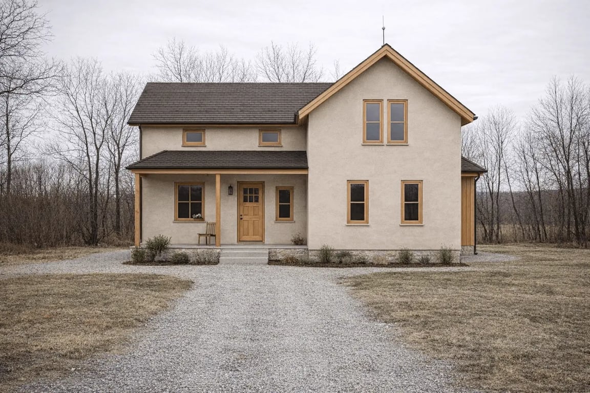 Hausly AI exterior concept with white horizontal cladding, timber trim and a timber porch.