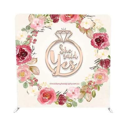 She Said YES floral photo booth backdrop with pink roses