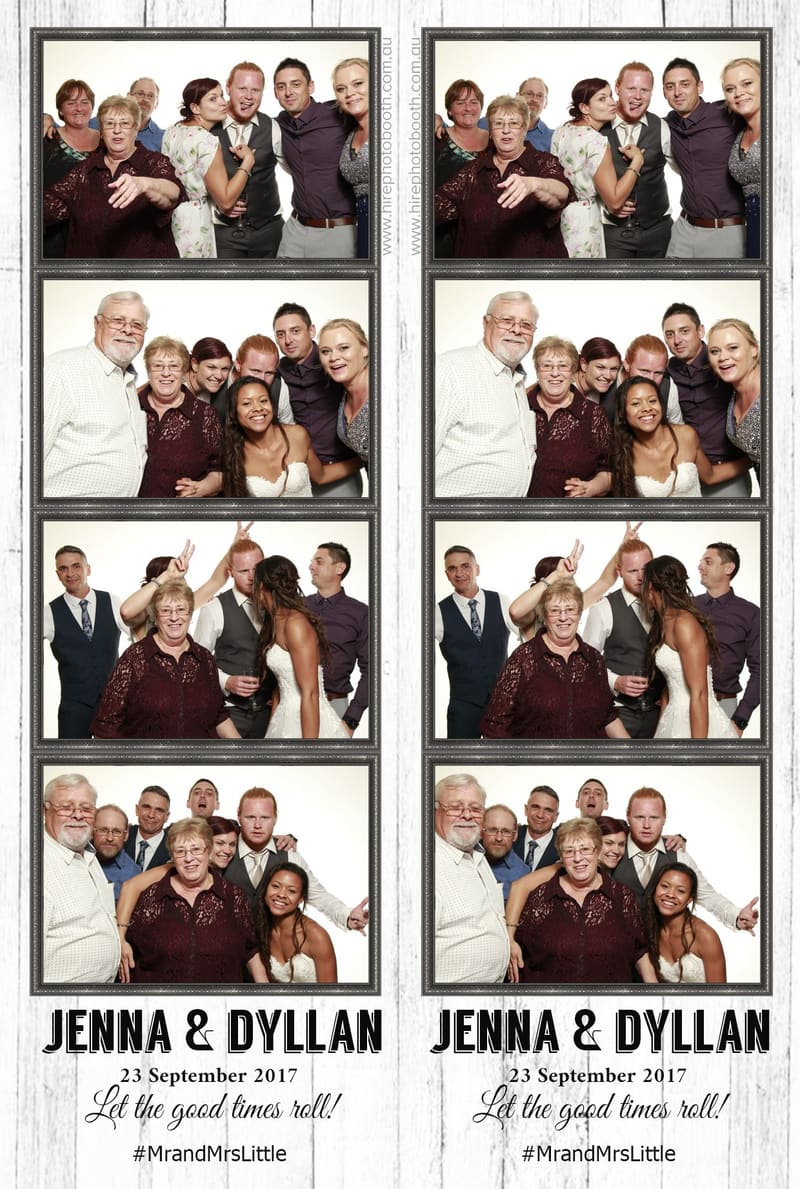 Group photo booth images featuring guests posing playfully with props.