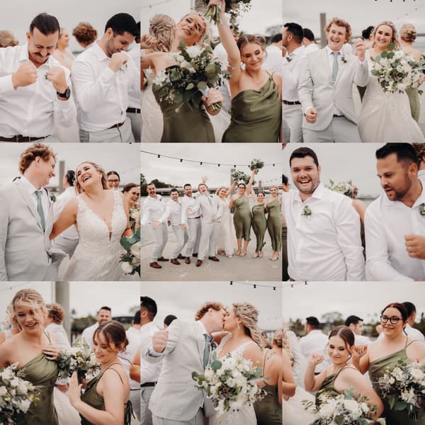 Chloe the bride and Brodie the groom pose with their wedding party in multiple joyful group shots at Sandstone Point Hotel, featuring bridesmaids in olive green dresses and groomsmen in white shirts and light grey suits.