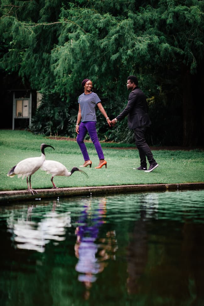 The couple walks hand in hand by a pond, with birds nearby, in Brisbane's City Botanic Gardens.