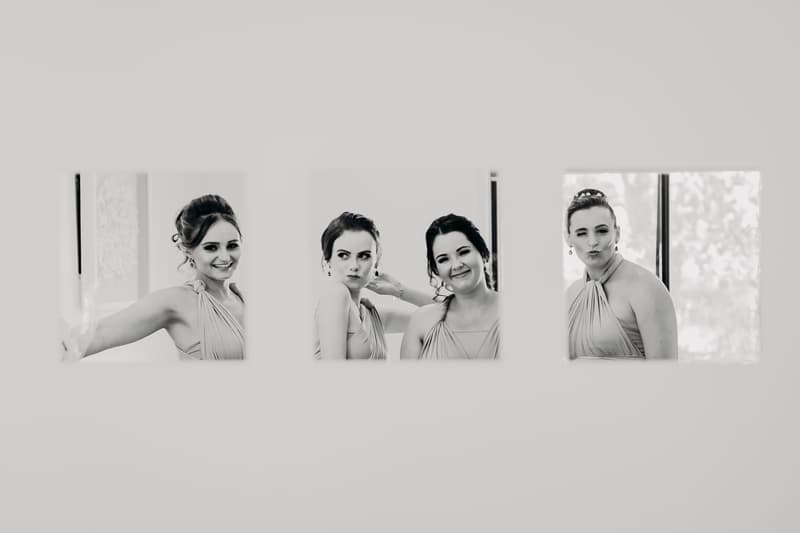 Three bridesmaids pose individually in separate square window frames at Ocean View Estates.
