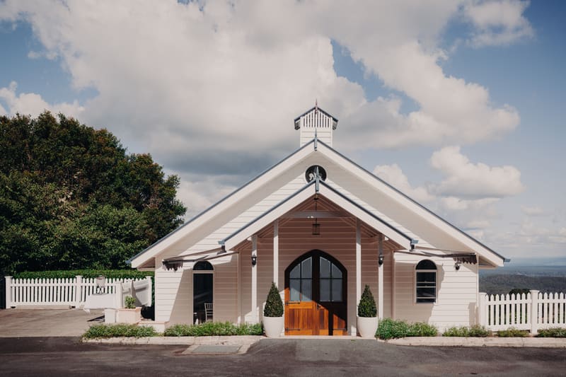 Exterior front view of the chapel building. Getting ready photos by She Said Yes.