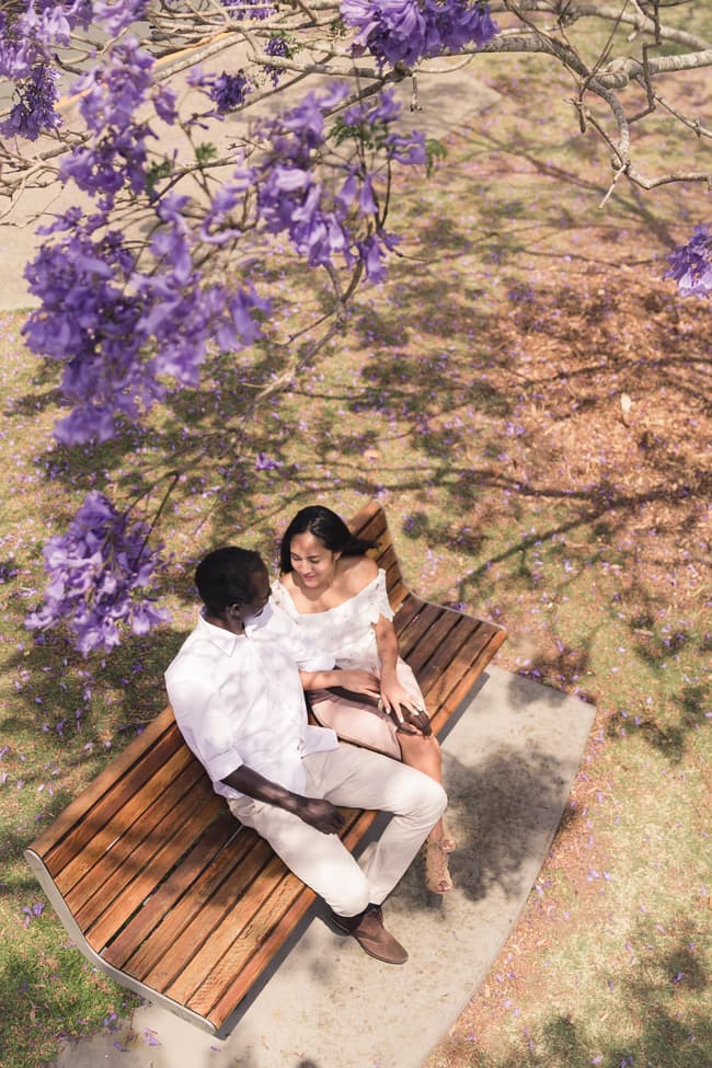A couple sitting on a bench under a jacaranda tree, viewed from above, surrounded by fallen purple flowers.
