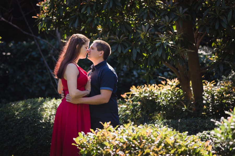 The couple stands closely, sharing an intimate moment under a tree with sunlight filtering through the leaves.
