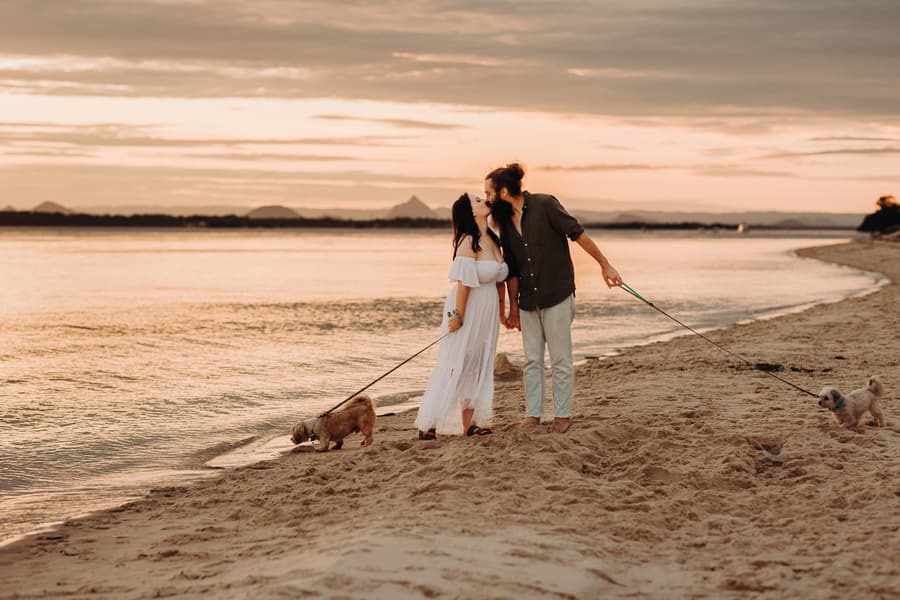 The couple shares a kiss on the beach at sunset, holding their dogs' leashes, with the ocean in the background.