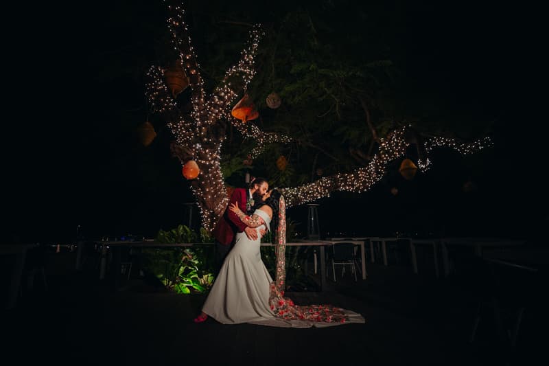 The bride and groom share a kiss under a large tree wrapped in fairy lights at Sandstone Point Hotel — Cellar during the wedding reception.
