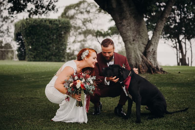 The bride Red and groom Jayden crouch on grass outdoors at Sandstone Point Hotel — The Pavilion, interacting with a large black dog wearing a red bow tie.