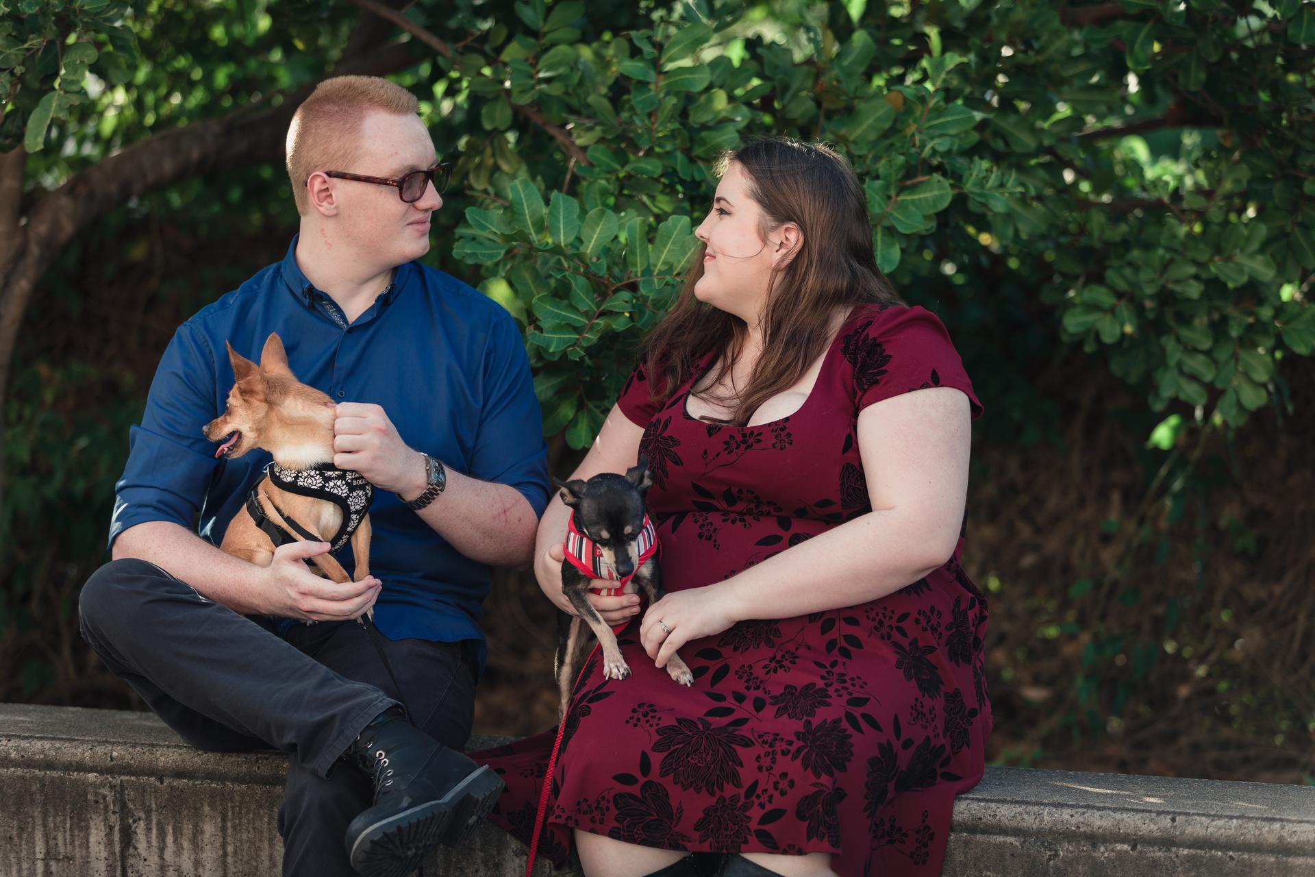 The couple sits on a concrete ledge at Brisbane Powerhouse, each holding a small dog, with lush greenery in the background.