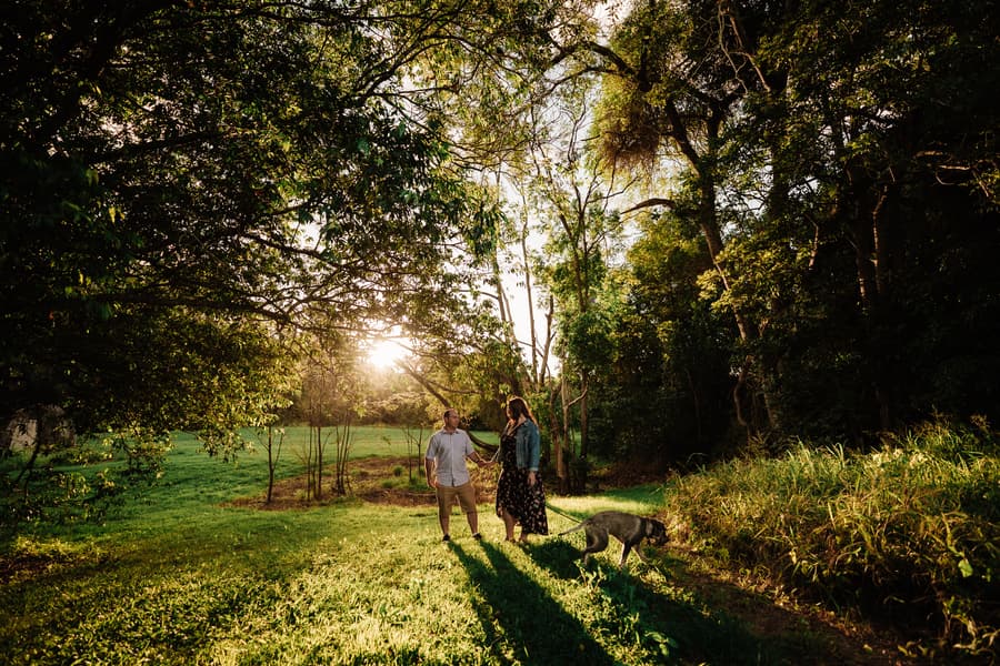 The couple walks with their dog along a sunlit path surrounded by trees.