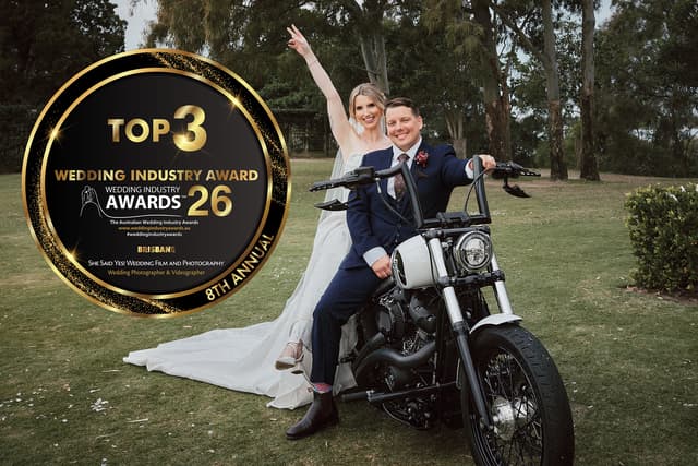 Kierra and Jarrod celebrating on a motorbike after their Sandstone Point Hotel wedding, with the 2026 Brisbane Wedding Industry Awards Top 3 roundel