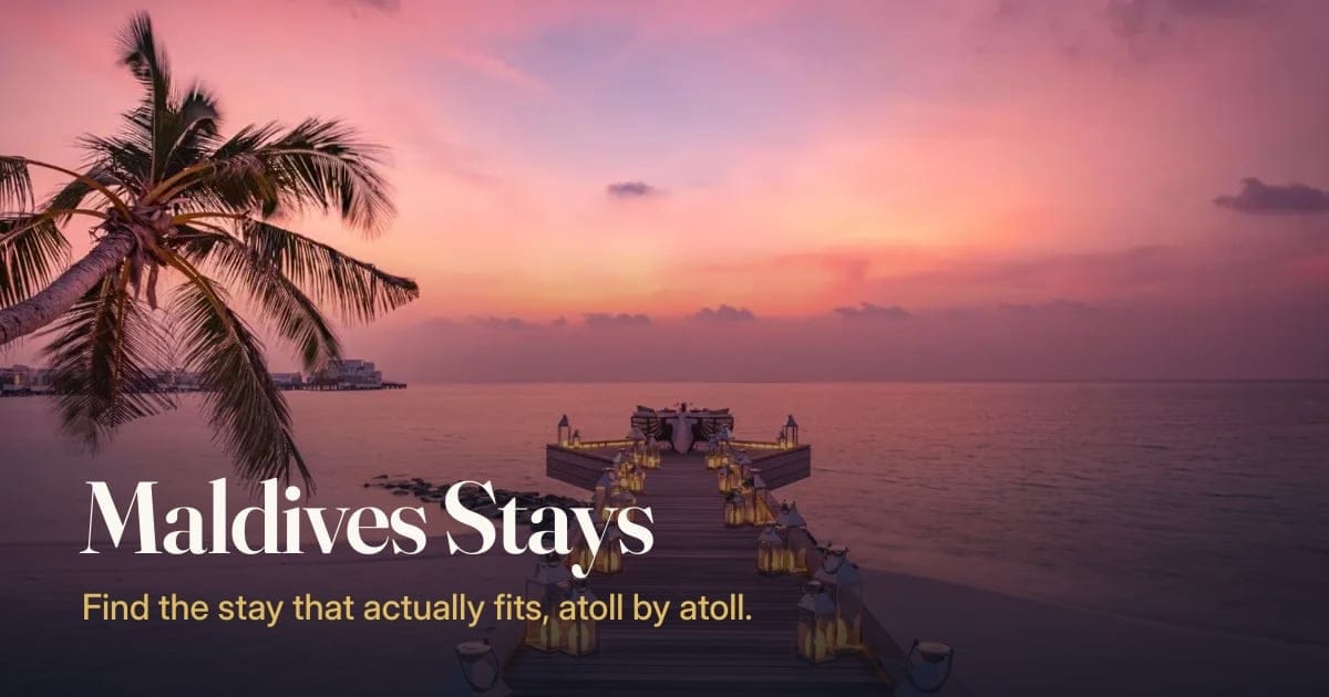 Maldives Stays social card: lantern-lit jetty at sunset with a palm tree, 'Find the stay that actually fits, atoll by atoll'.