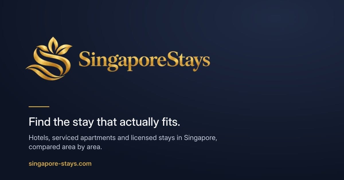 Singapore Stays social card: gold logo on navy, 'Find the stay that actually fits' — hotels, serviced apartments and licensed stays compared area by area.