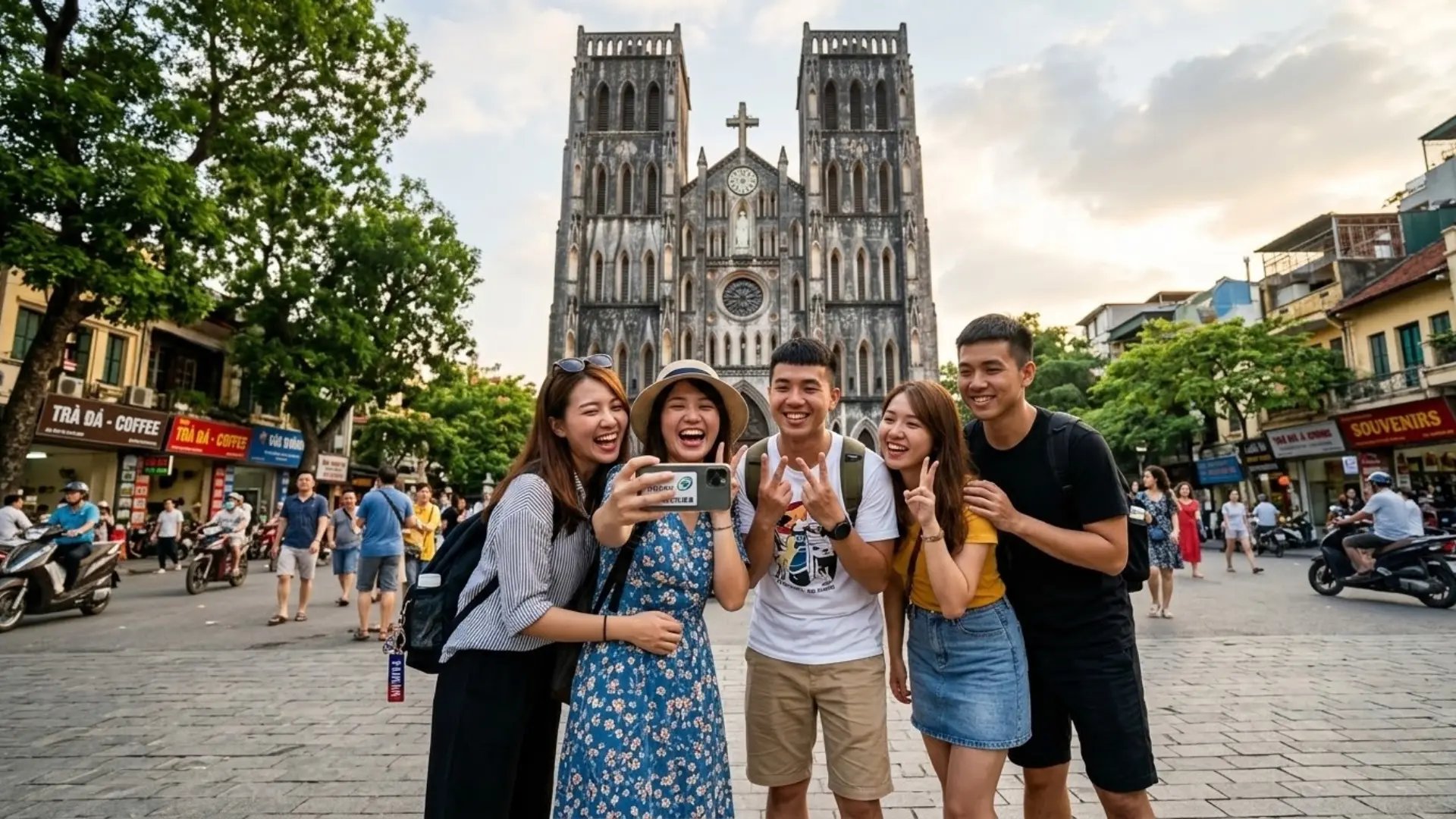 河內聖若瑟主教座堂前，五位年輕旅人開心自拍，哥德式大教堂與街頭咖啡店、機車交織出熱鬧的越南城市風景