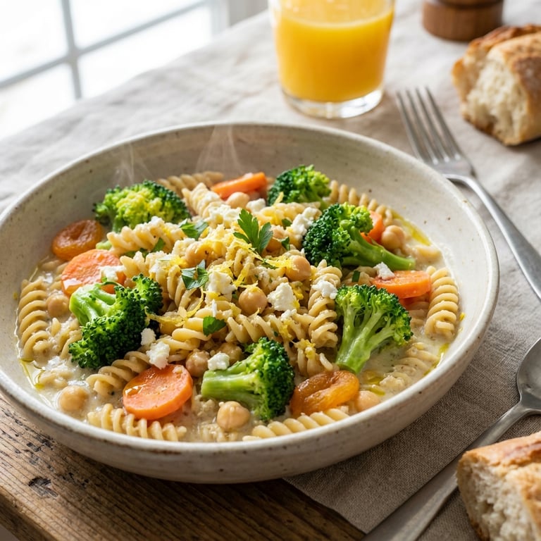 Lemon-Garlic Quinoa Pasta with Broccoli, Carrot & Chickpeas