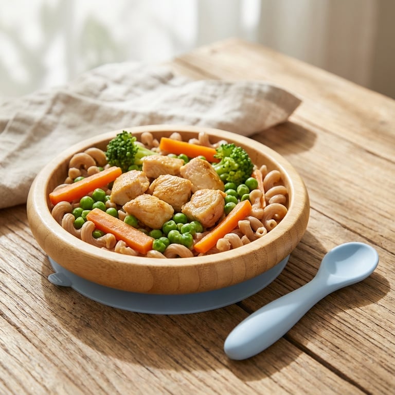 Brown Rice Pasta, Chicken & Veg Finger Lunch (Baby-led weaning)
