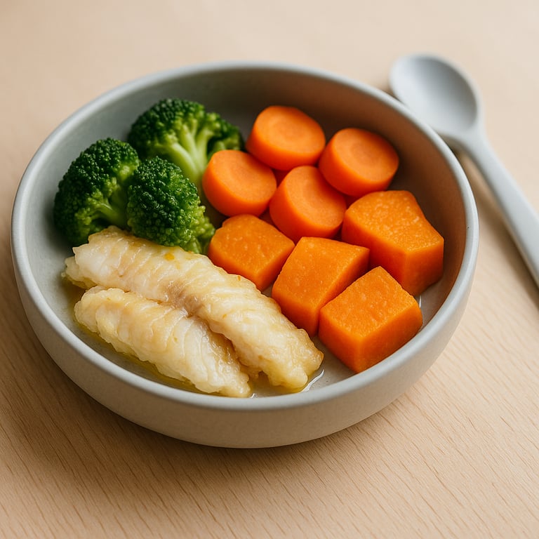 Tilapia with broccoli, carrot, and sweet potato (baby-led weaning)