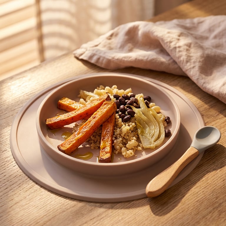 Quinoa tészta sült édesburgonyával, fekete babbal és édesköménnyel (baba által vezetett, 10 hónapos kortól)